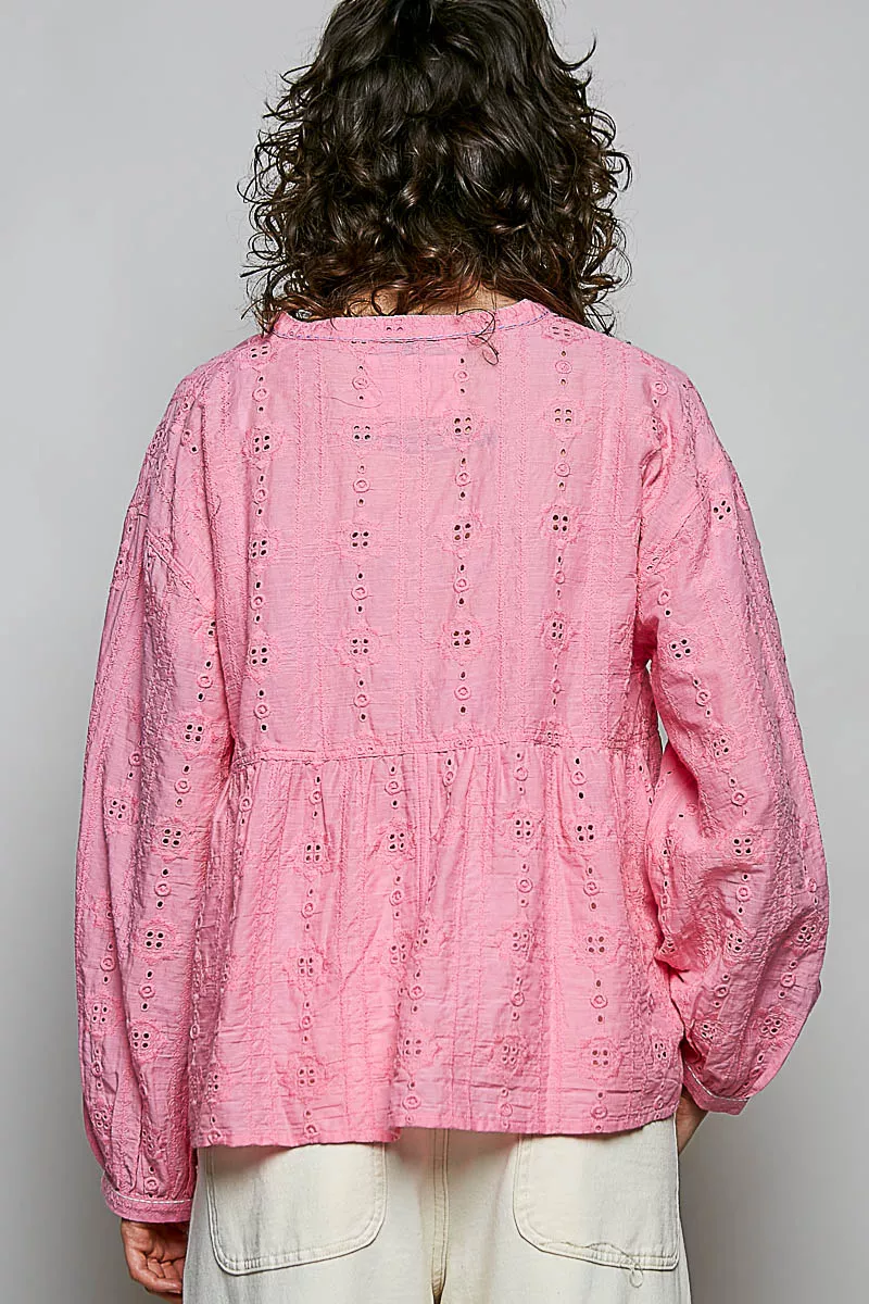 POL Eyelet Lace Split Neck Gathered Empire Waist Cotton Blouse, image 3