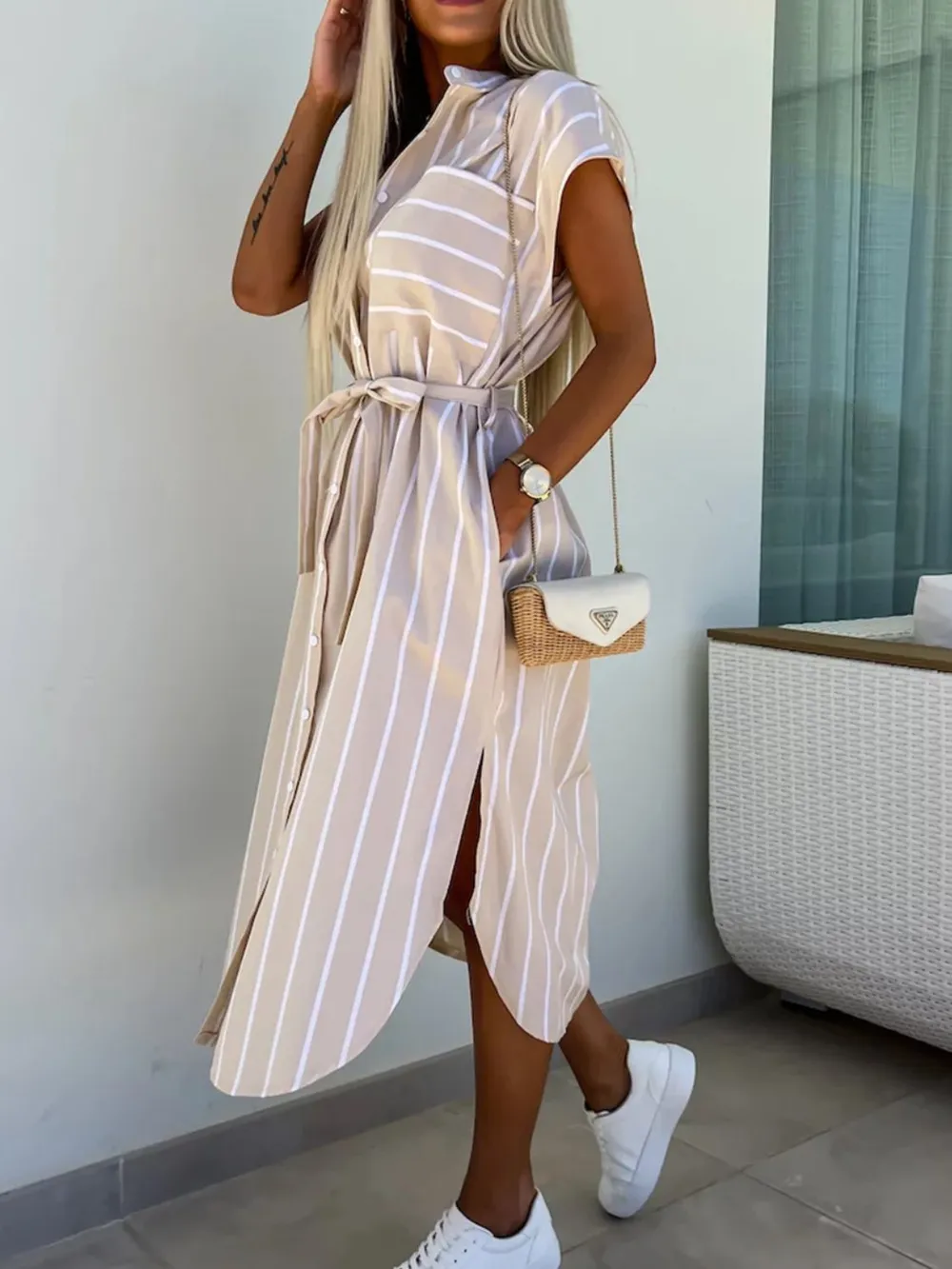 Striped Tie Waist Short Sleeve Dress, image 15