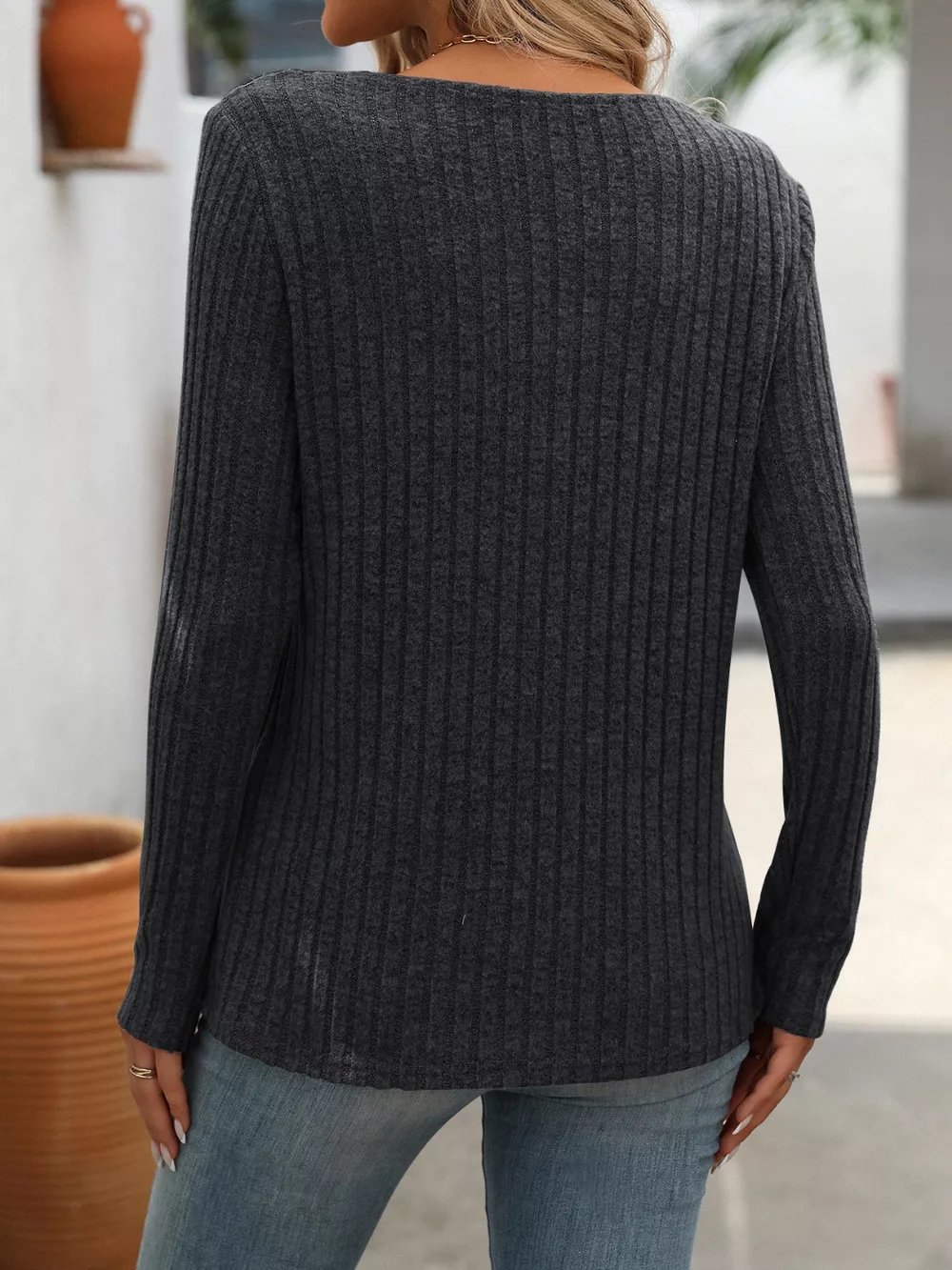 Ribbed Knit Long Sleeve Button Detail T-Shirt, image 17