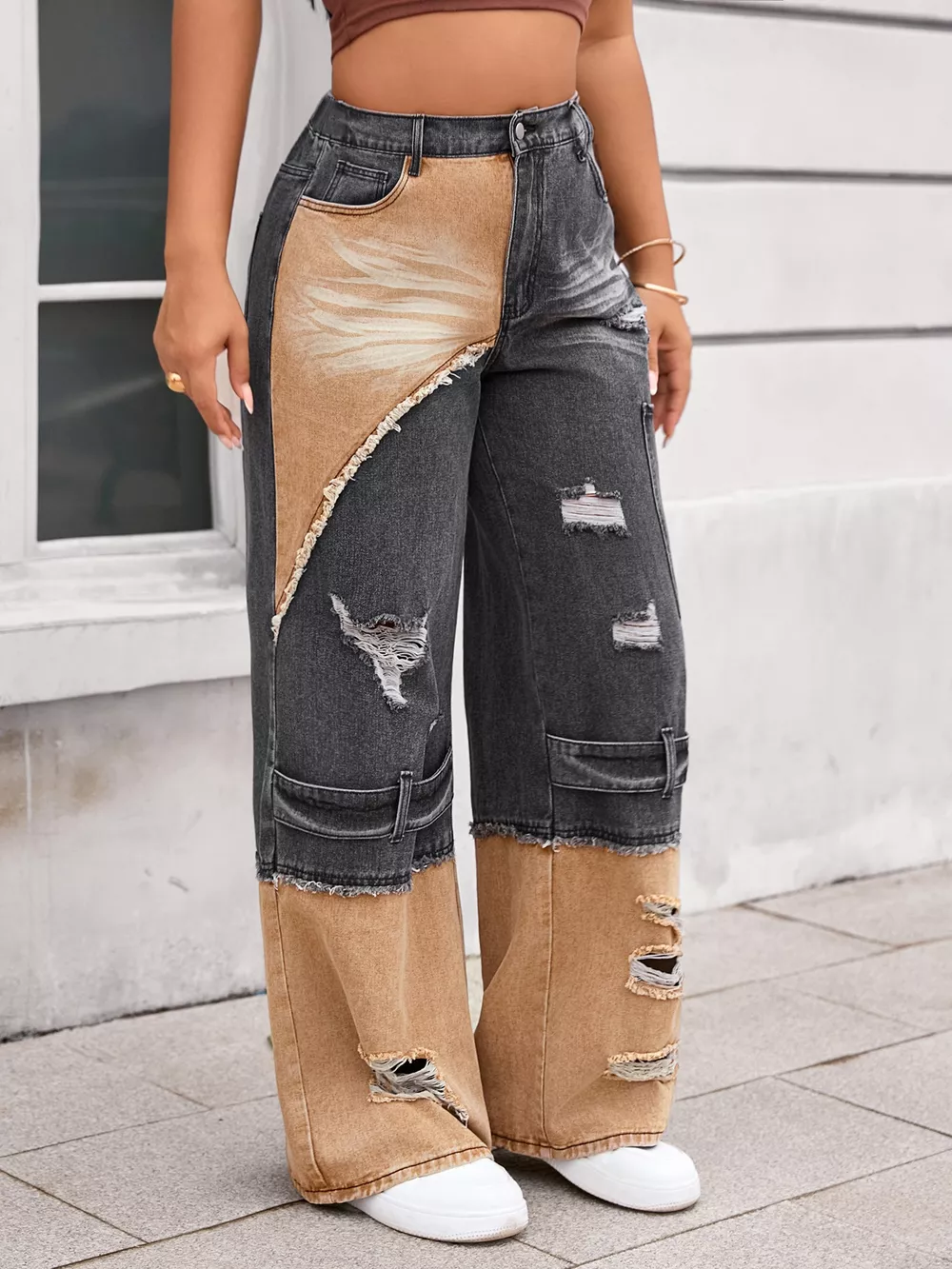 Two-Tone Ripped Wide Leg Jeans, image 2