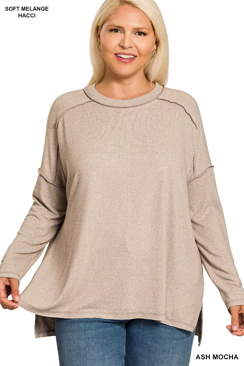 Full Size Melange Hacci Exposed Seam Hi-low Tee Plus Size, image 3