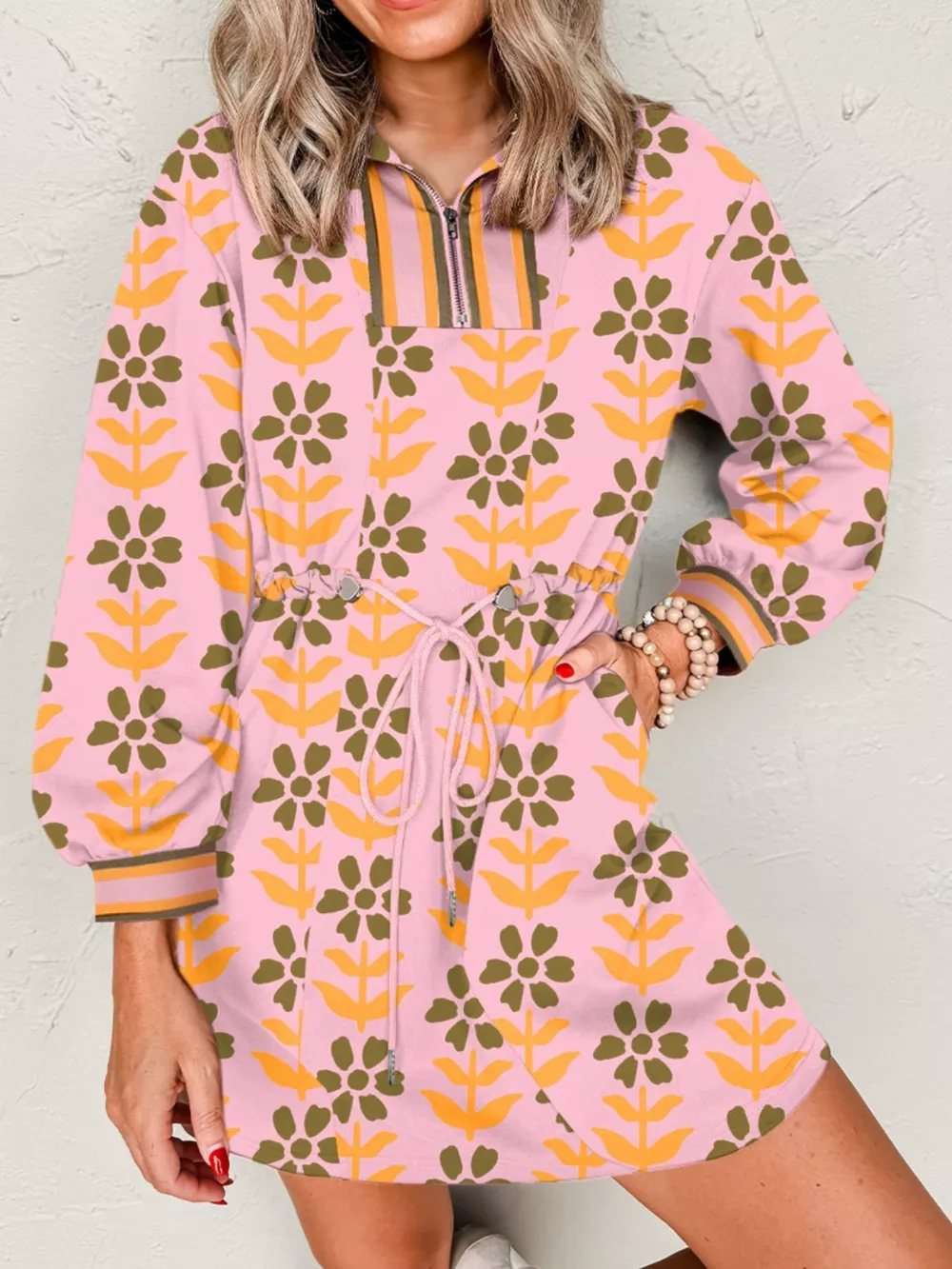 Printed Drawstring Waist Mini Dress, image 3