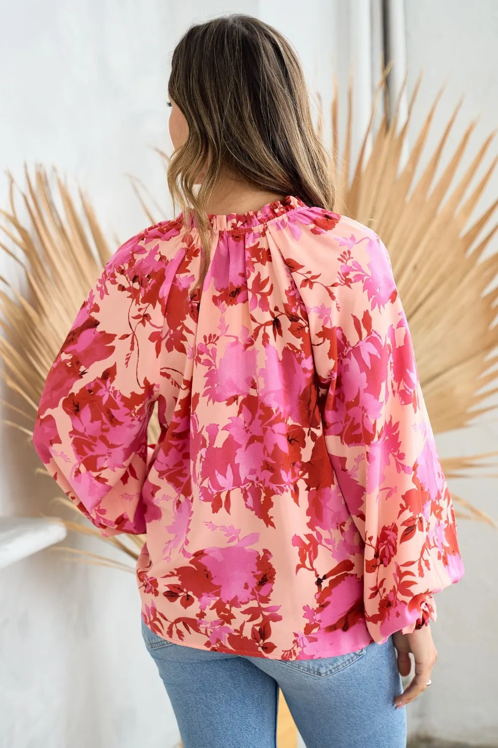 Ruffle V-Neck Decor Button Floral Blouse, image 3