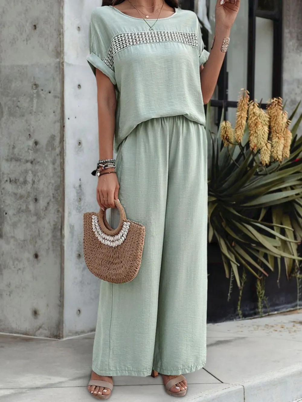 Round Neck Short Sleeve Top and Pants Set, image 3