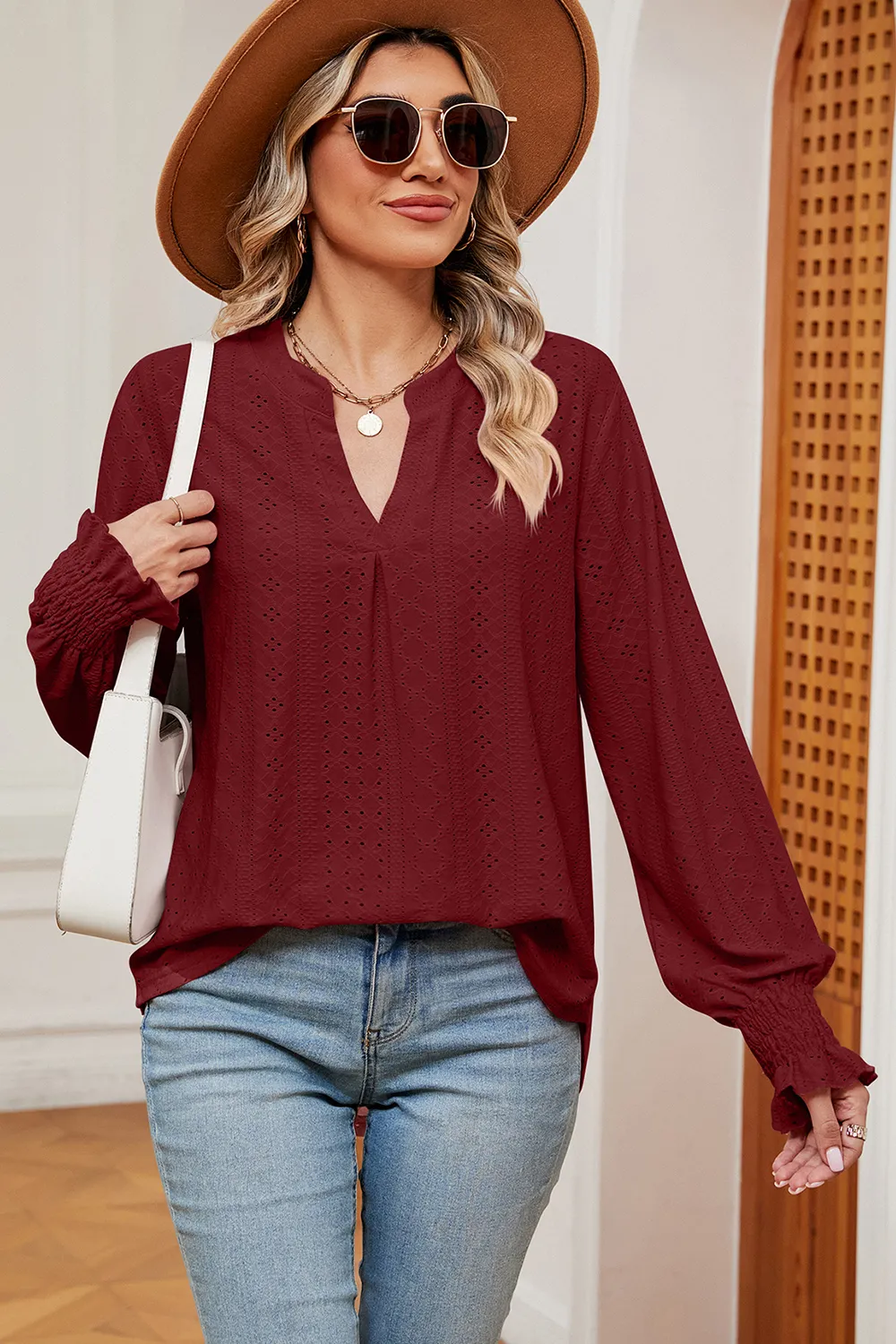 Eyelet Notched Long Sleeve T-Shirt, image 17