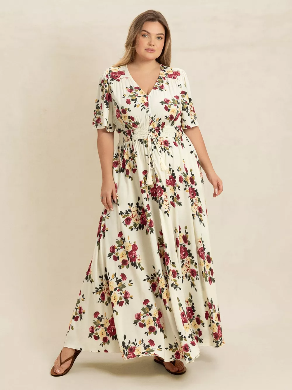 Plus Size Floral Flutter Sleeve Maxi Dress with Button Front, image 7