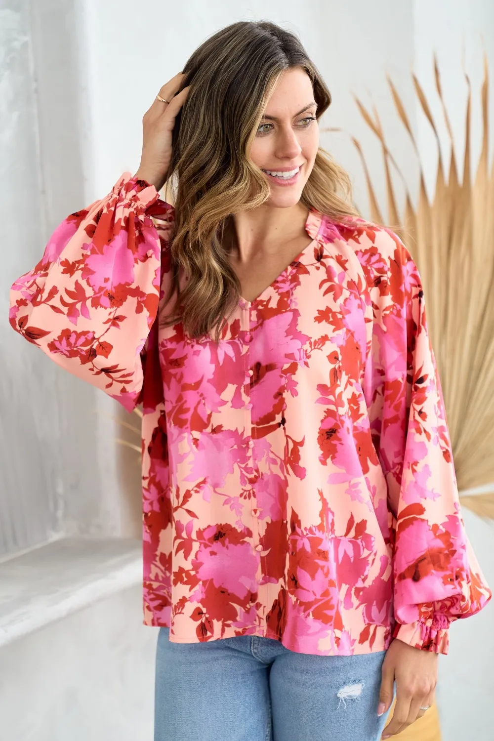 Ruffle V-Neck Decor Button Floral Blouse, image 4