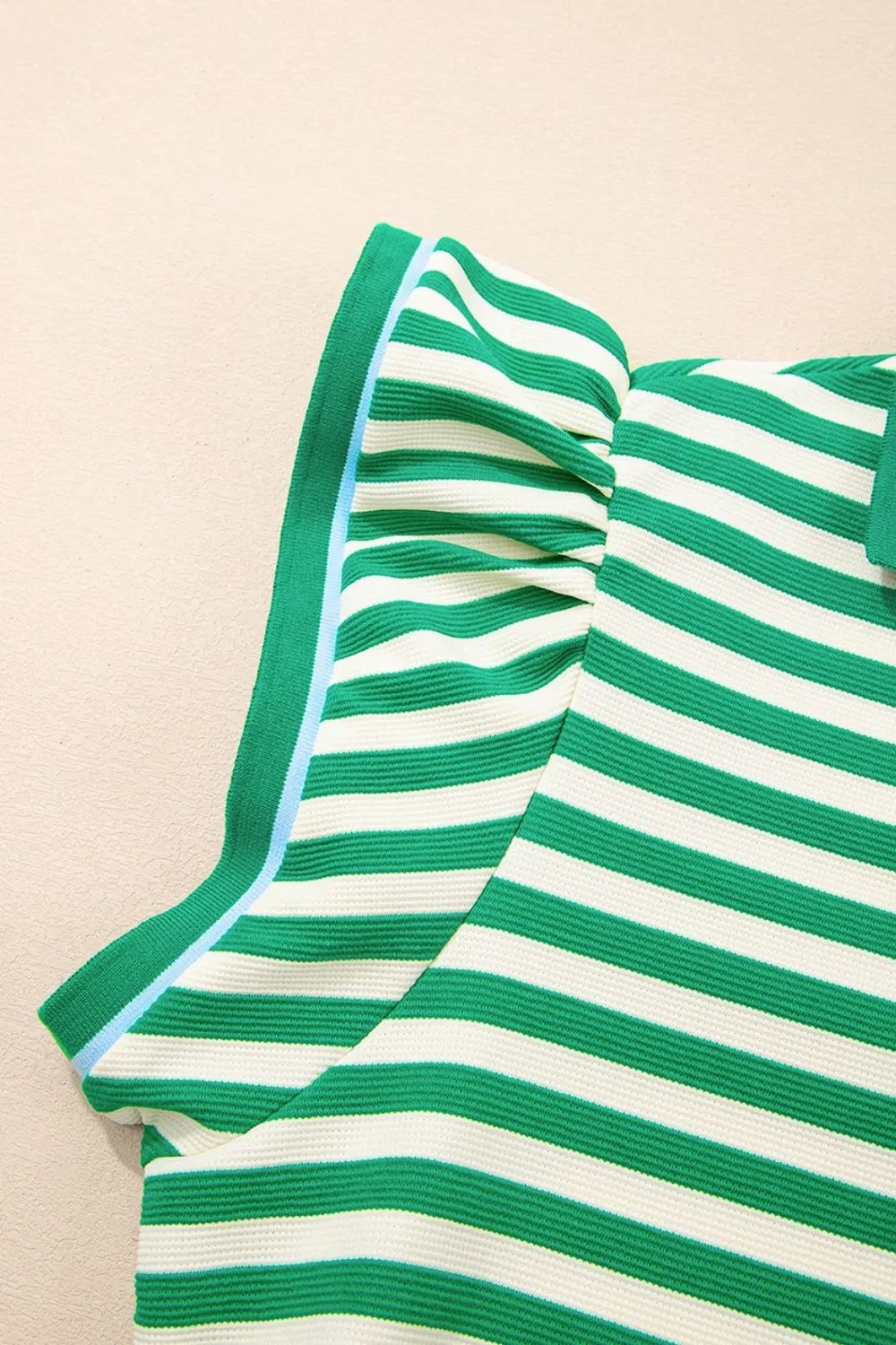 Stripe Print Contrast Collar Split Neck Flutter Sleeve Dress, image 14