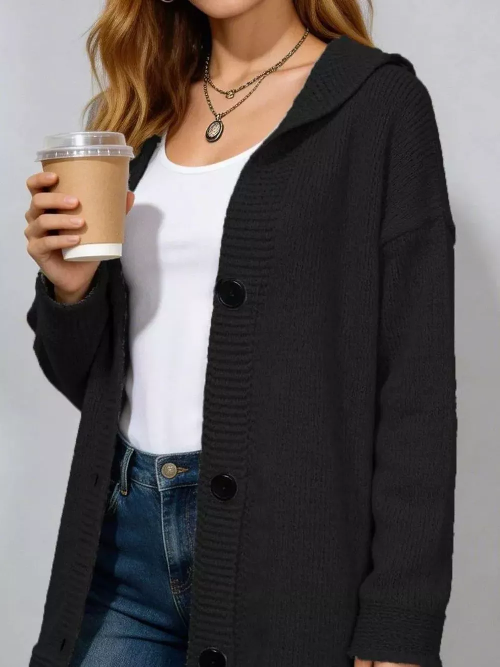 Full Size Casual Hooded Button-Down Knit Cardigan Plus Size, image 7