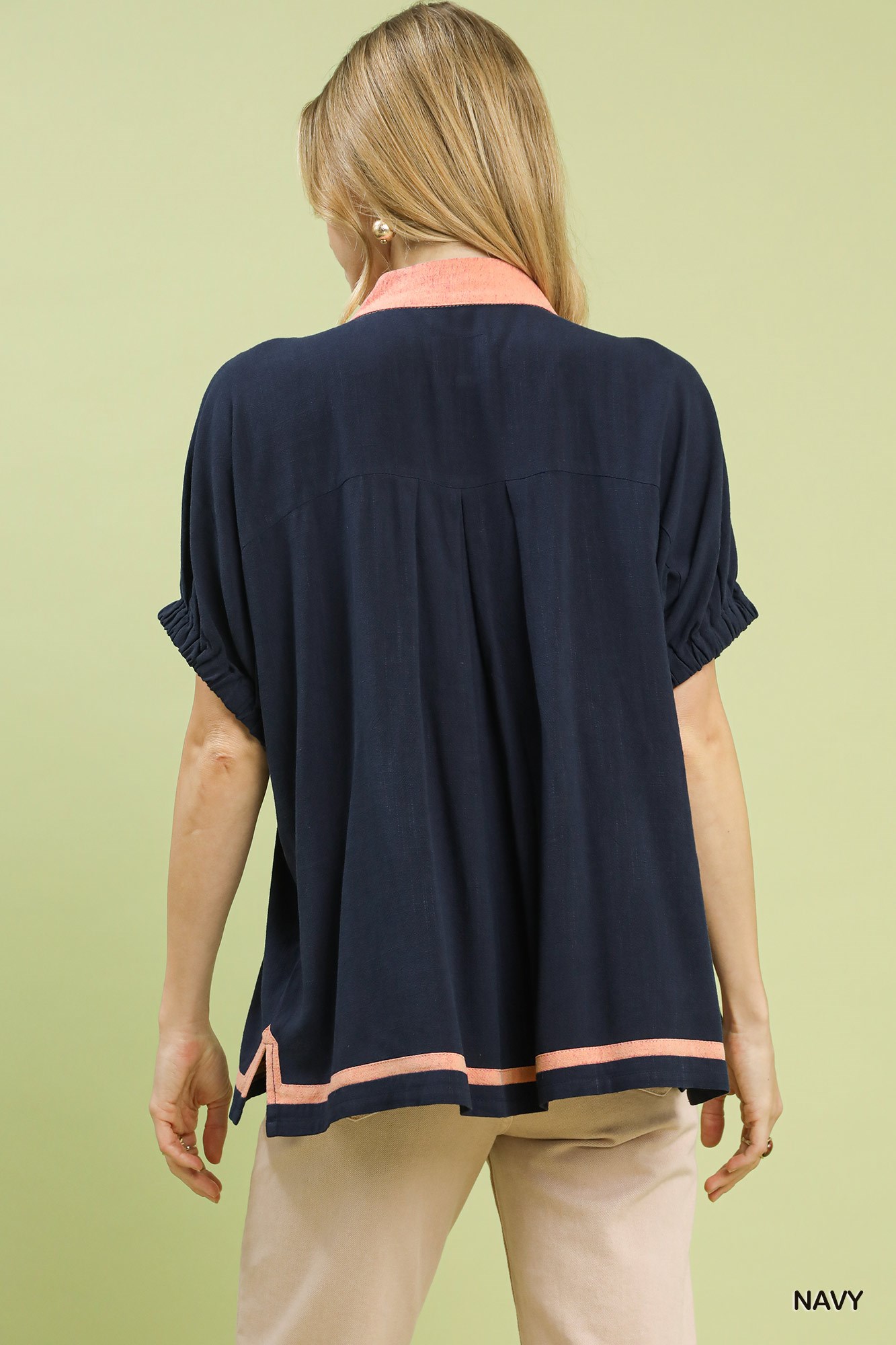 Linen Contrast Trim V-Neck Blouse, image 5