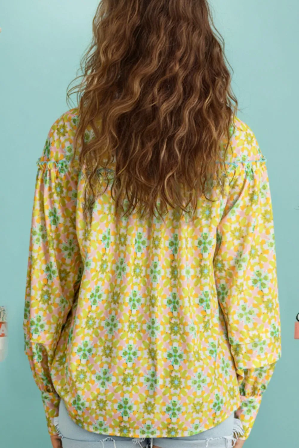 Frill Printed Collared Neck Long Sleeve Blouse, image 2