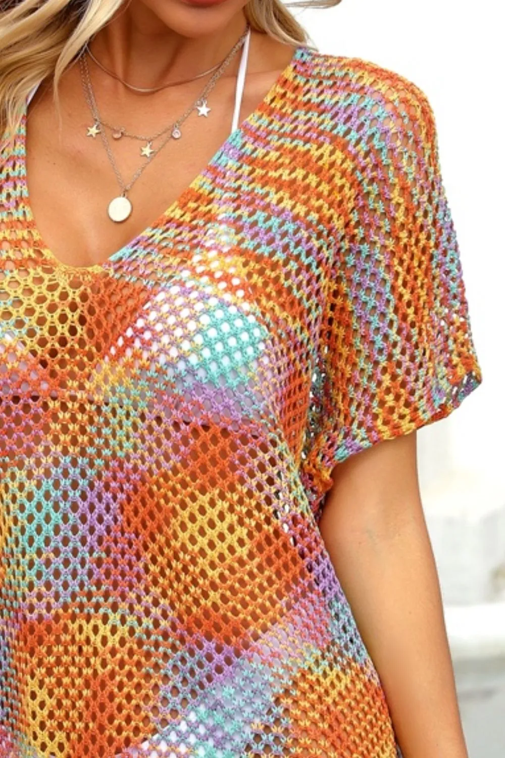 Openwork Contrast Short Sleeve Cover-Up, image 8