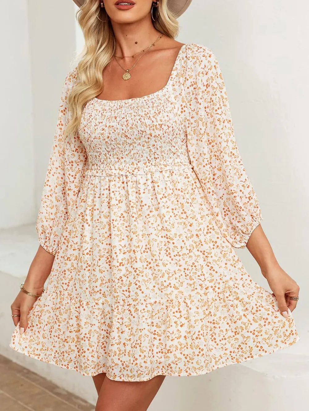 Smocked Floral Square Neck Dress, image 8