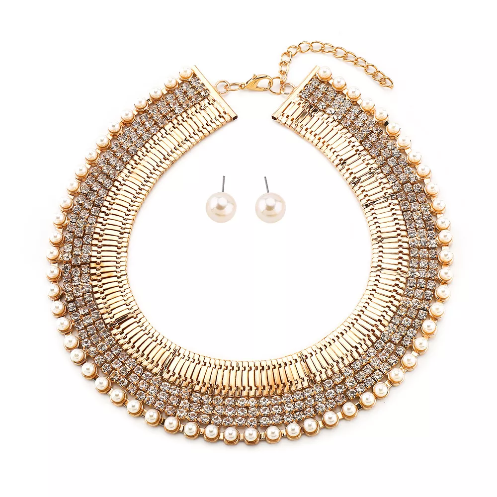 18K Gold-Plated Pearl Earrings and Necklace Jewelry Set, image 4