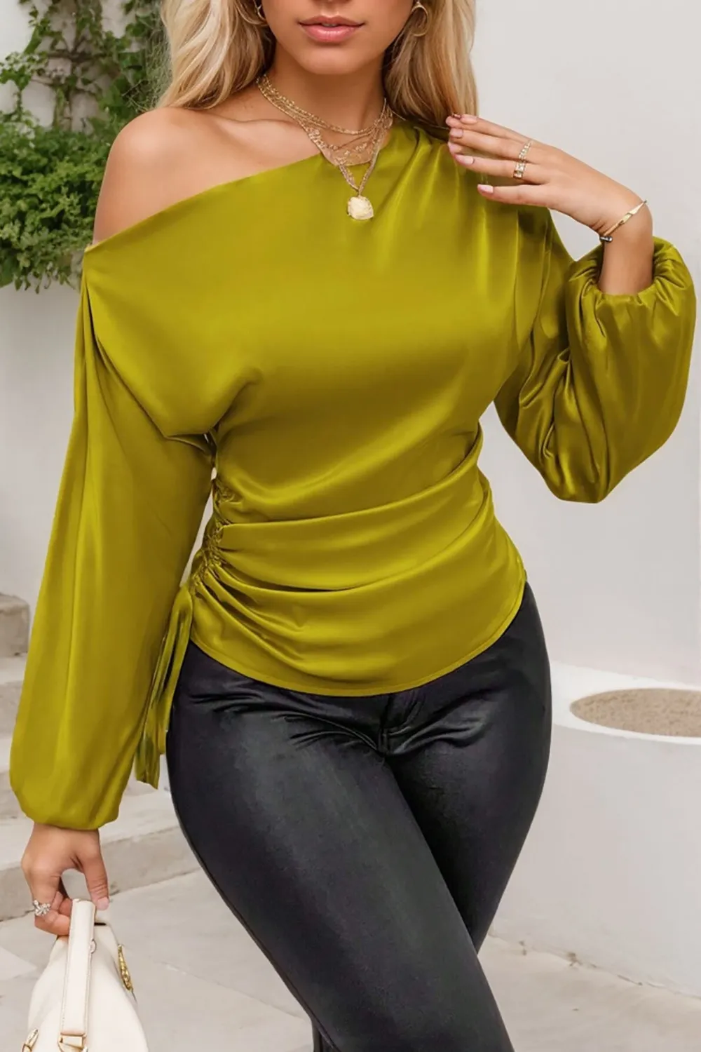 Drawstring One Shoulder Long Sleeve Blouse, image 21
