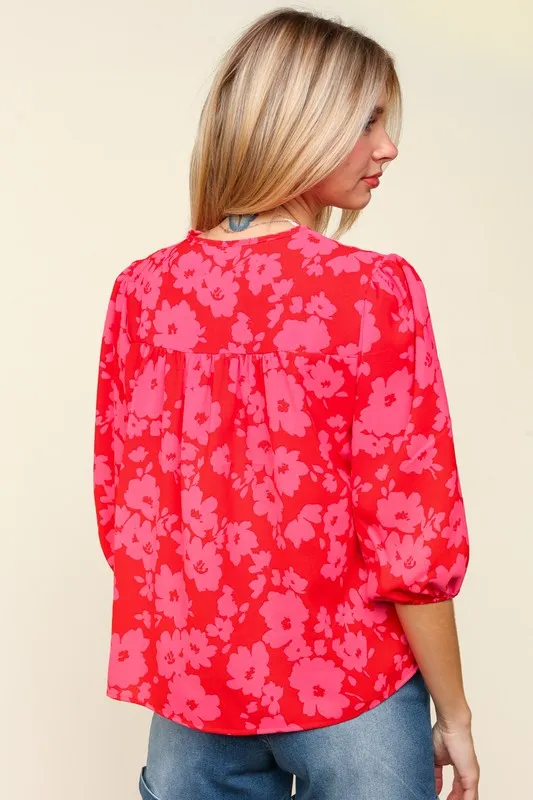 Full Size Ribbon Bow Floral Balloon Sleeve Blouse, image 2