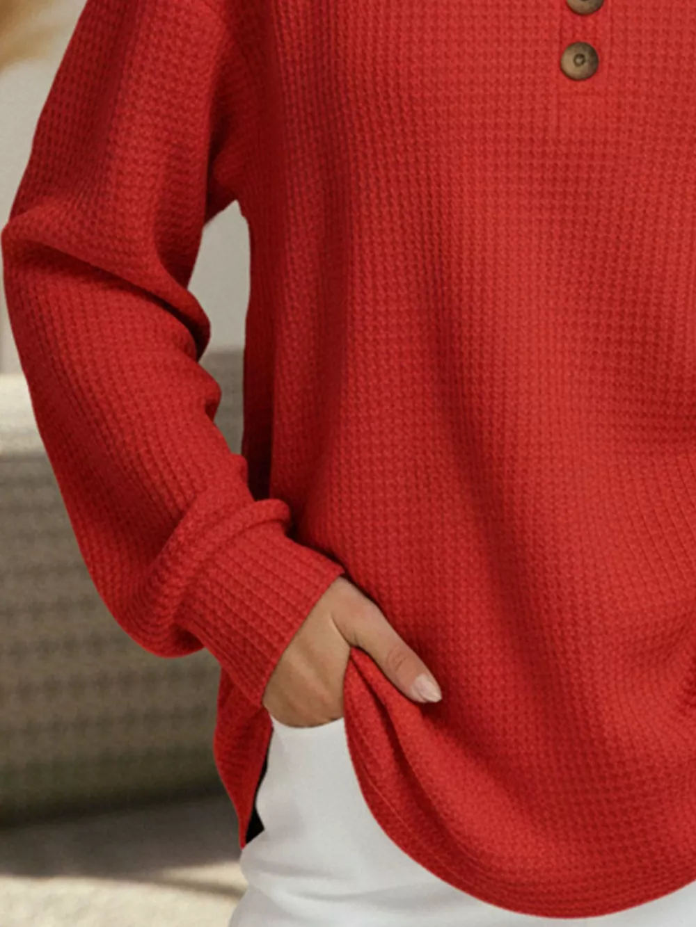 Full Size Casual Waffle Knit Long Sleeve T-Shirt Plus Size, image 9