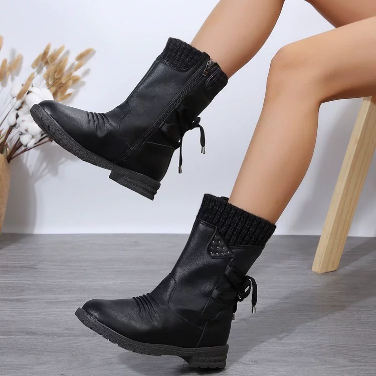Knitted Cuff Round Toe Boots, image 2