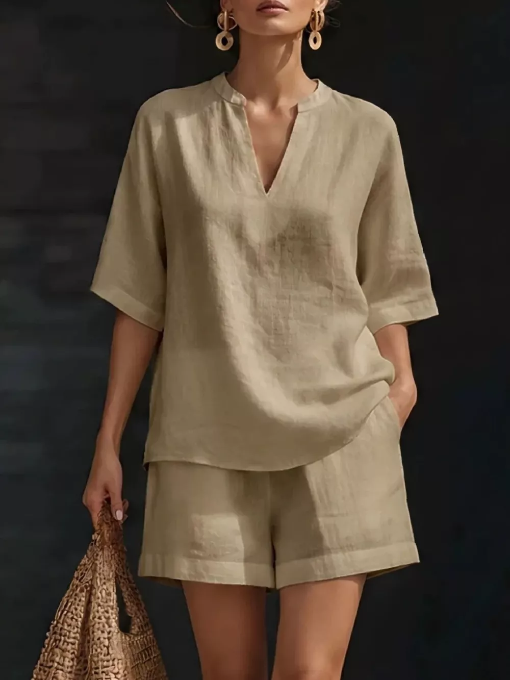 Full Size Notched Half Sleeve Top and Shorts Set Plus Size, image 5
