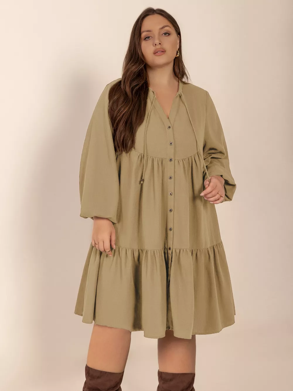Plus Size Tie Neck Balloon Sleeve Dress, image 3