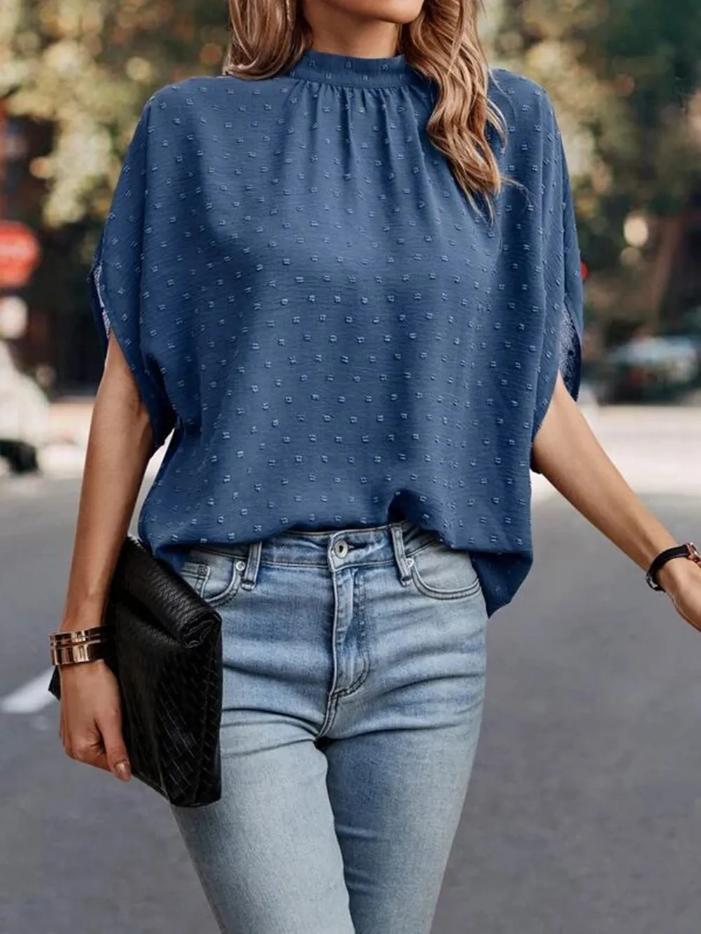 Swiss Dot Mock Neck Half Sleeve Blouse, image 14