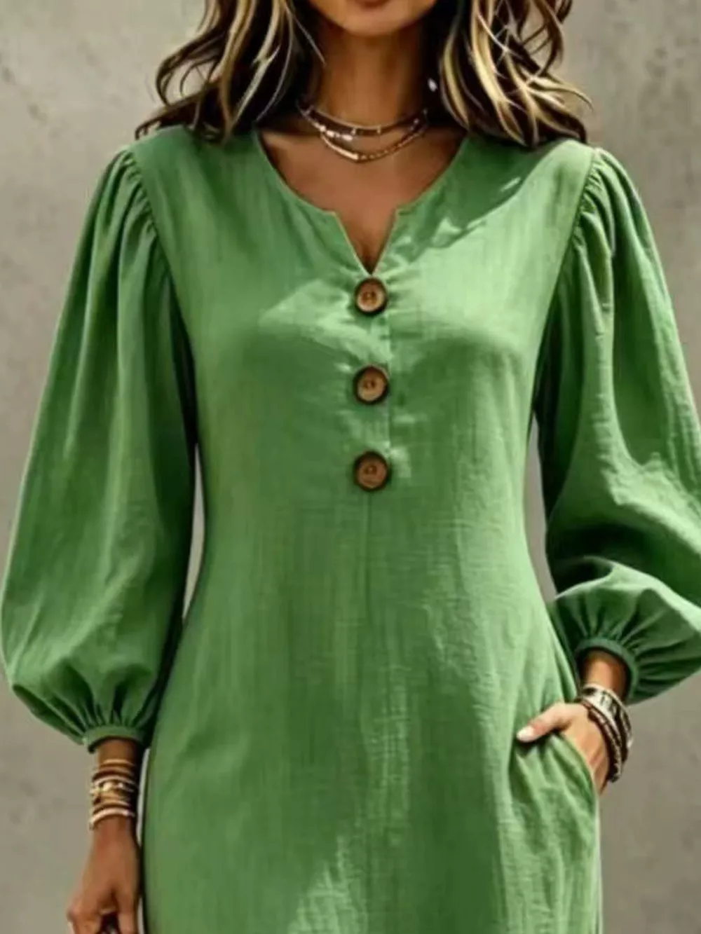 Decorative Button Balloon Sleeve Maxi Dress, image 11