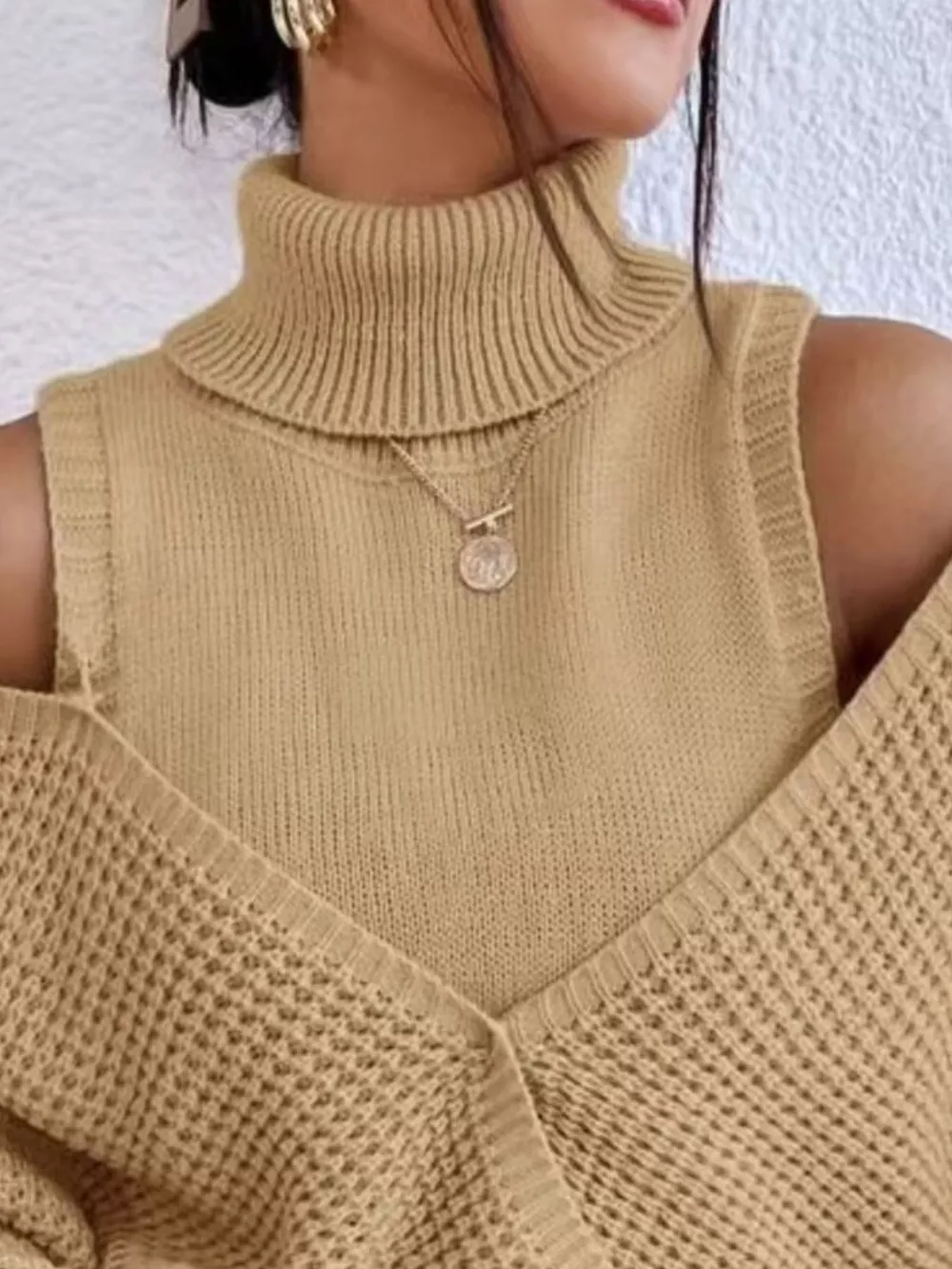 Waffle Knit Cold Shoulder Turtleneck Sweater, image 7