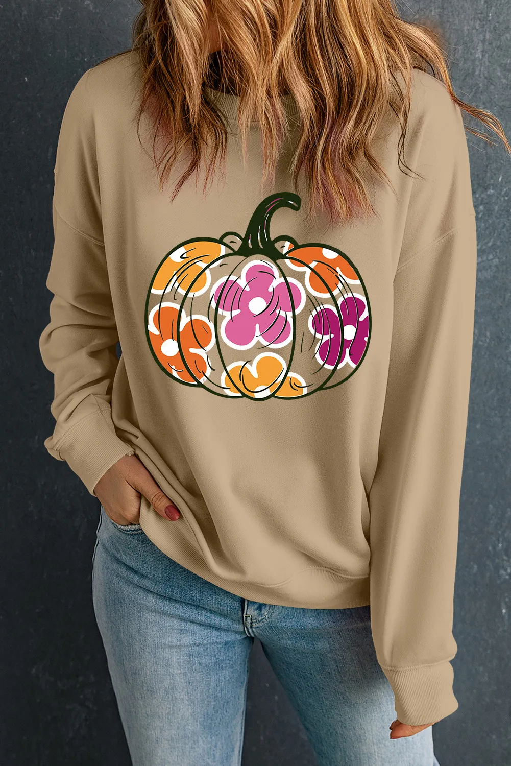 Pumpkin & Flower Graphic Long Sleeve Sweatshirt, image 3