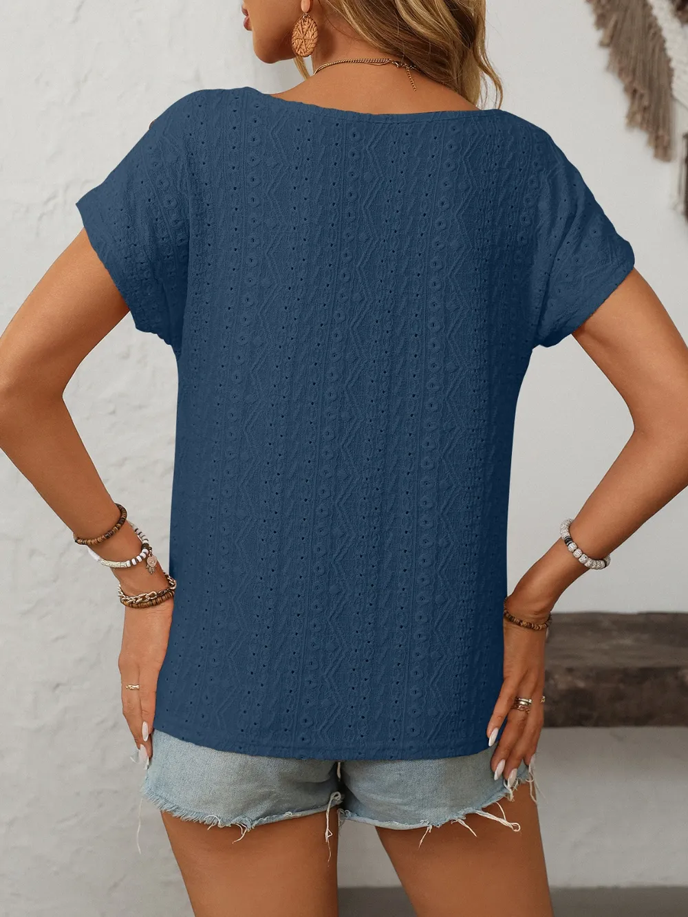 Eyelet Round Neck Short Sleeve Top, image 29