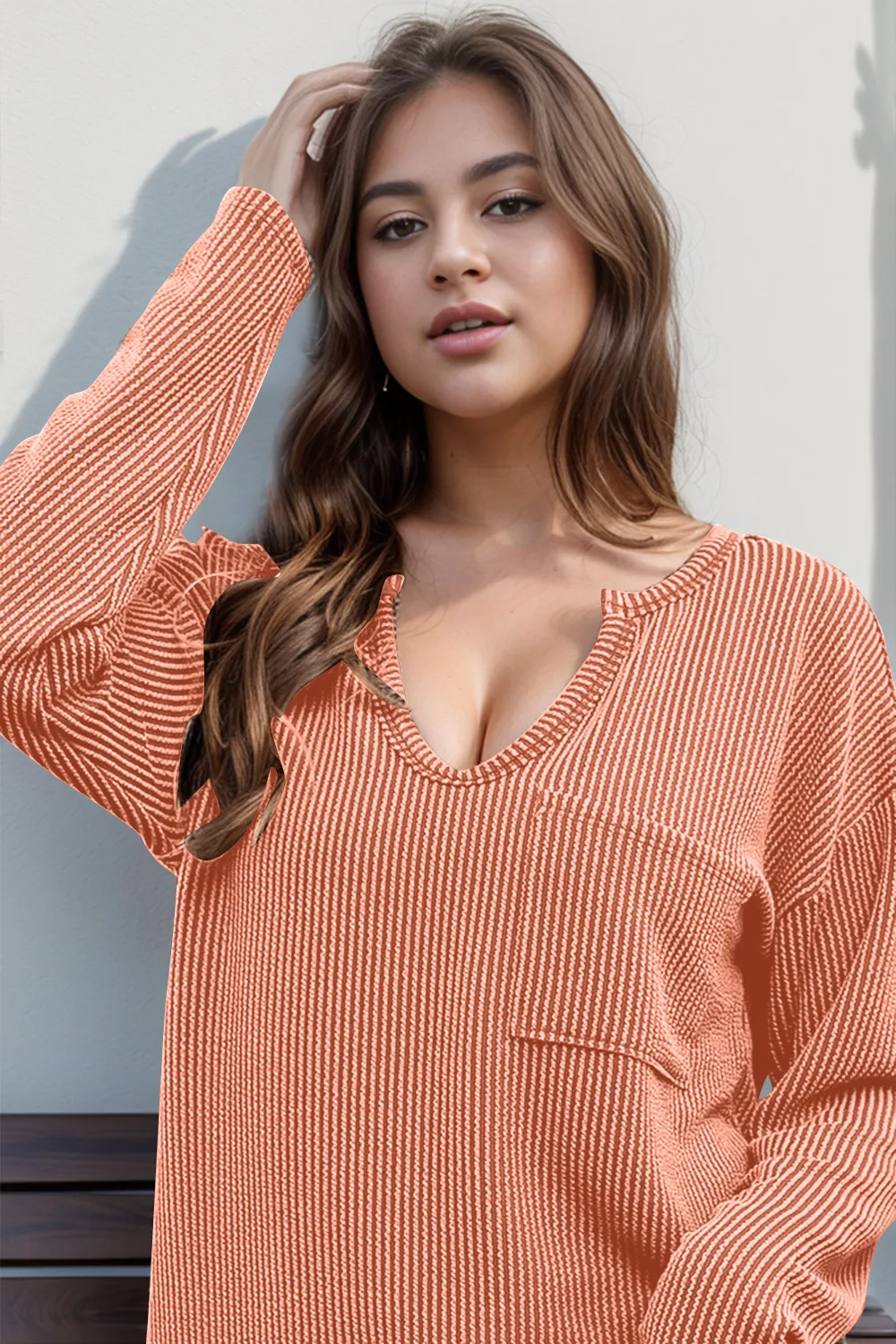 Striped Notched Long Sleeve T-Shirt, image 8