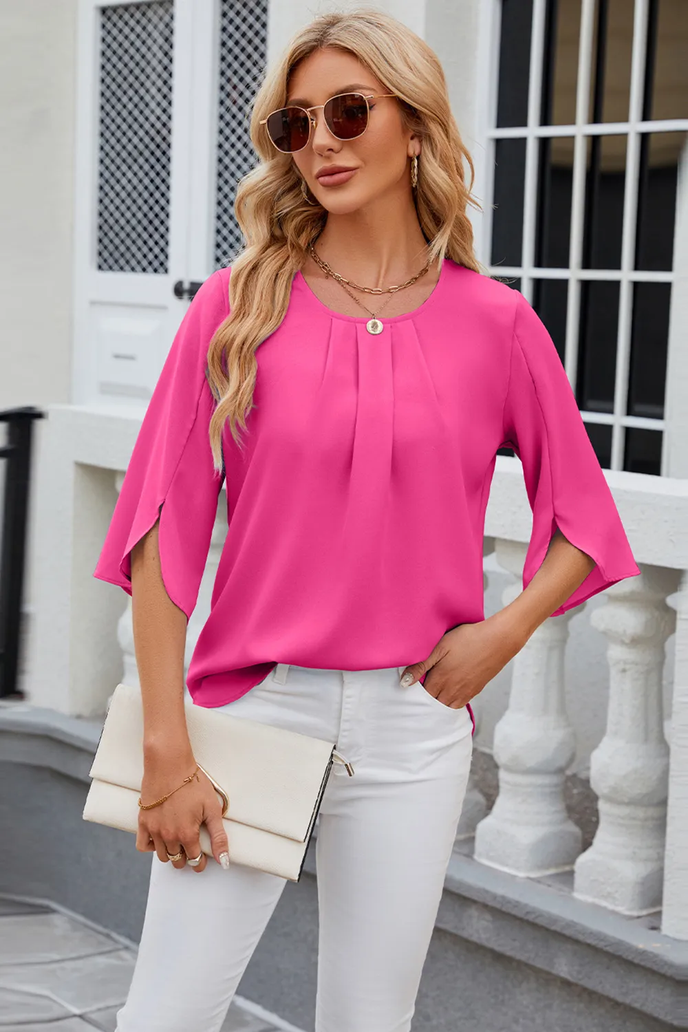 Round Neck Slit Half Sleeve Top, image 15