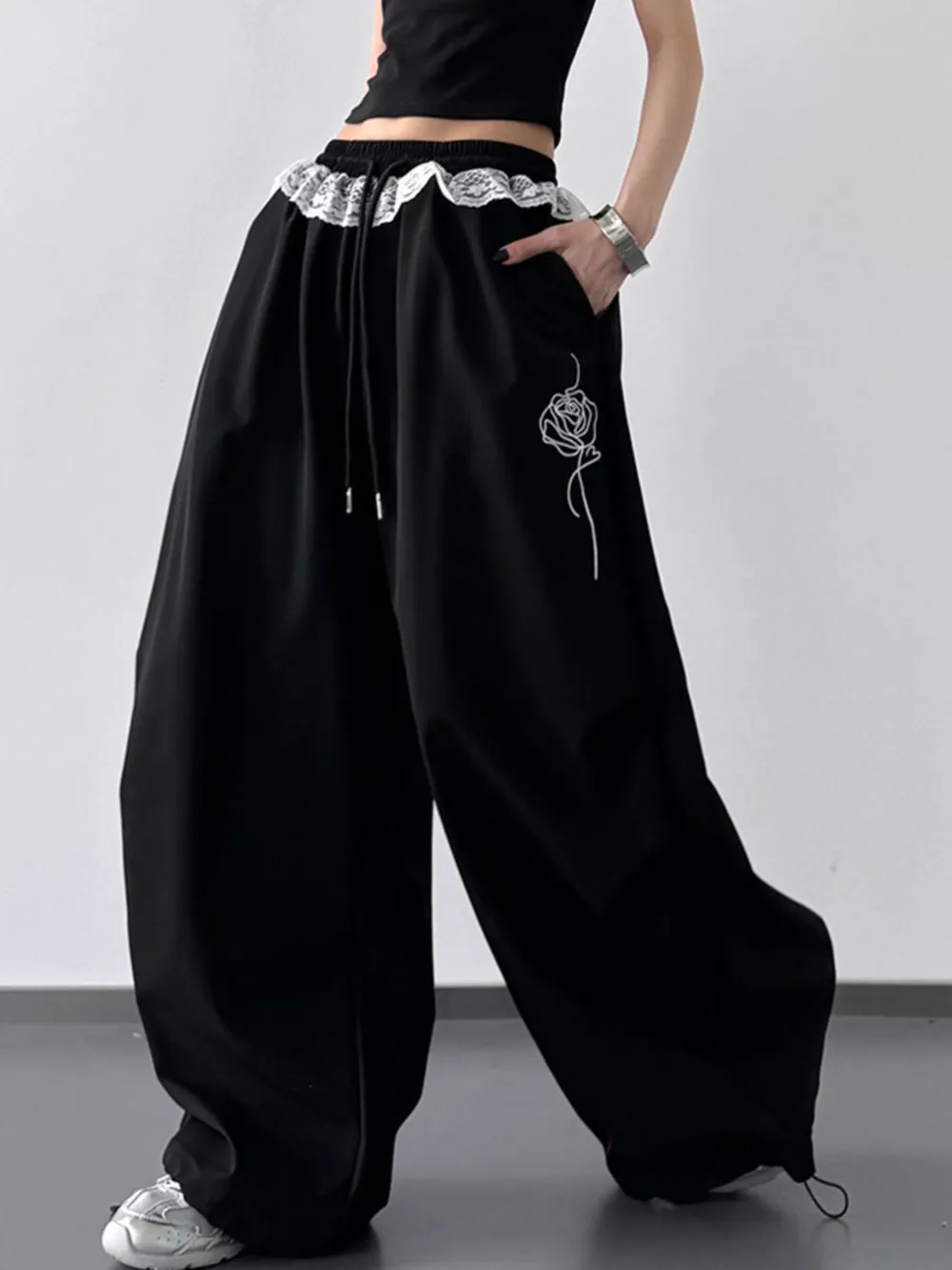 Drawstring Lace Detail Wide Leg Pants, image 2