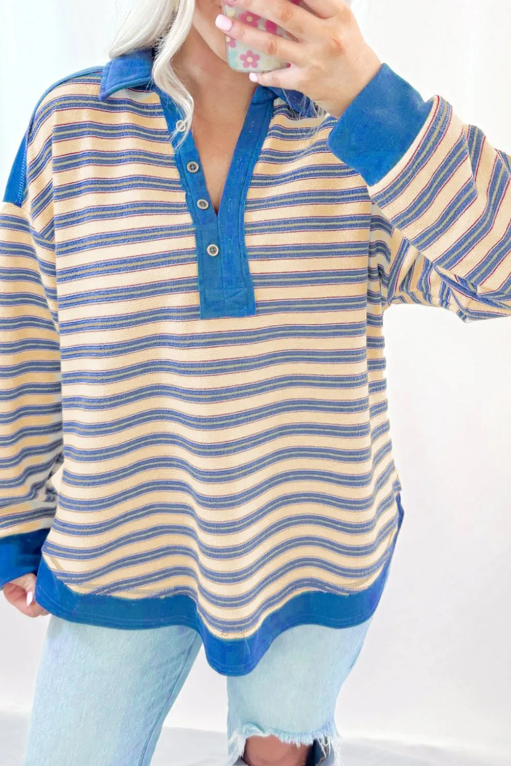 Striped Johnny Collar Long Sleeve Sweatshirt, image 16