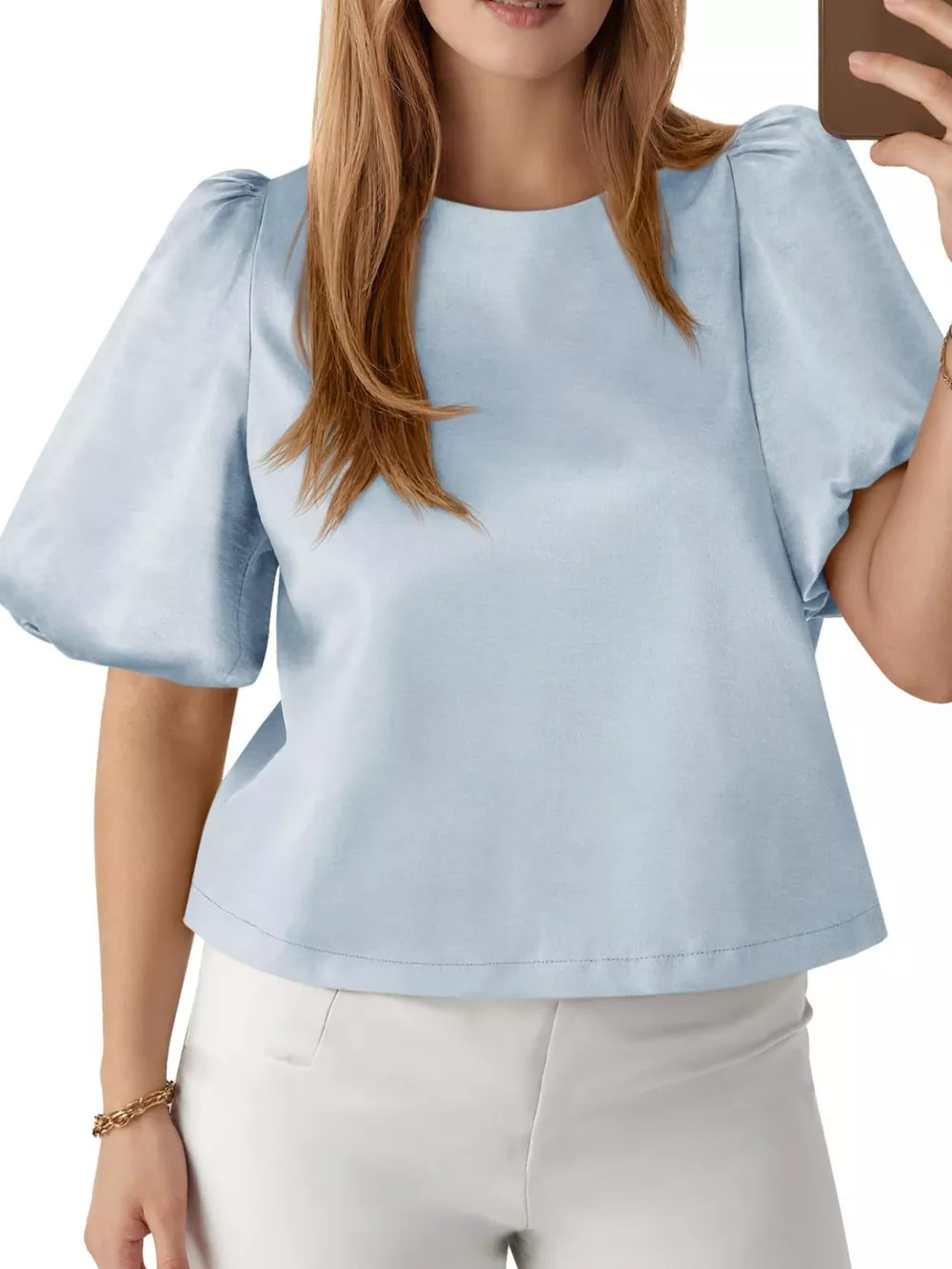 Round Neck Puff Sleeve Satin Top, image 7