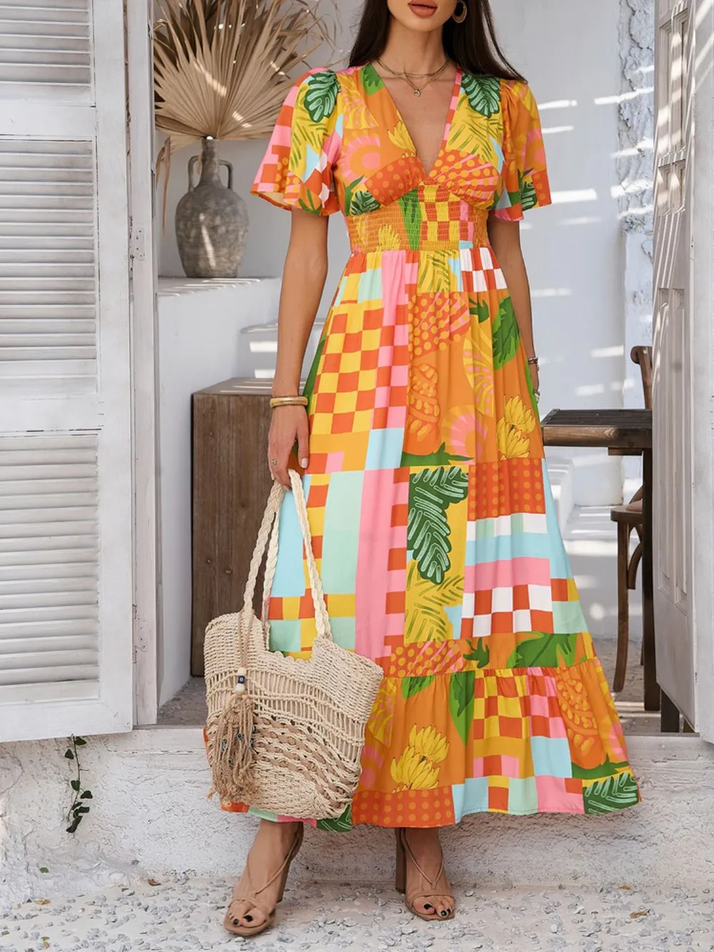 Smocked Printed V-Neck Short Sleeve Maxi Dress, image 12