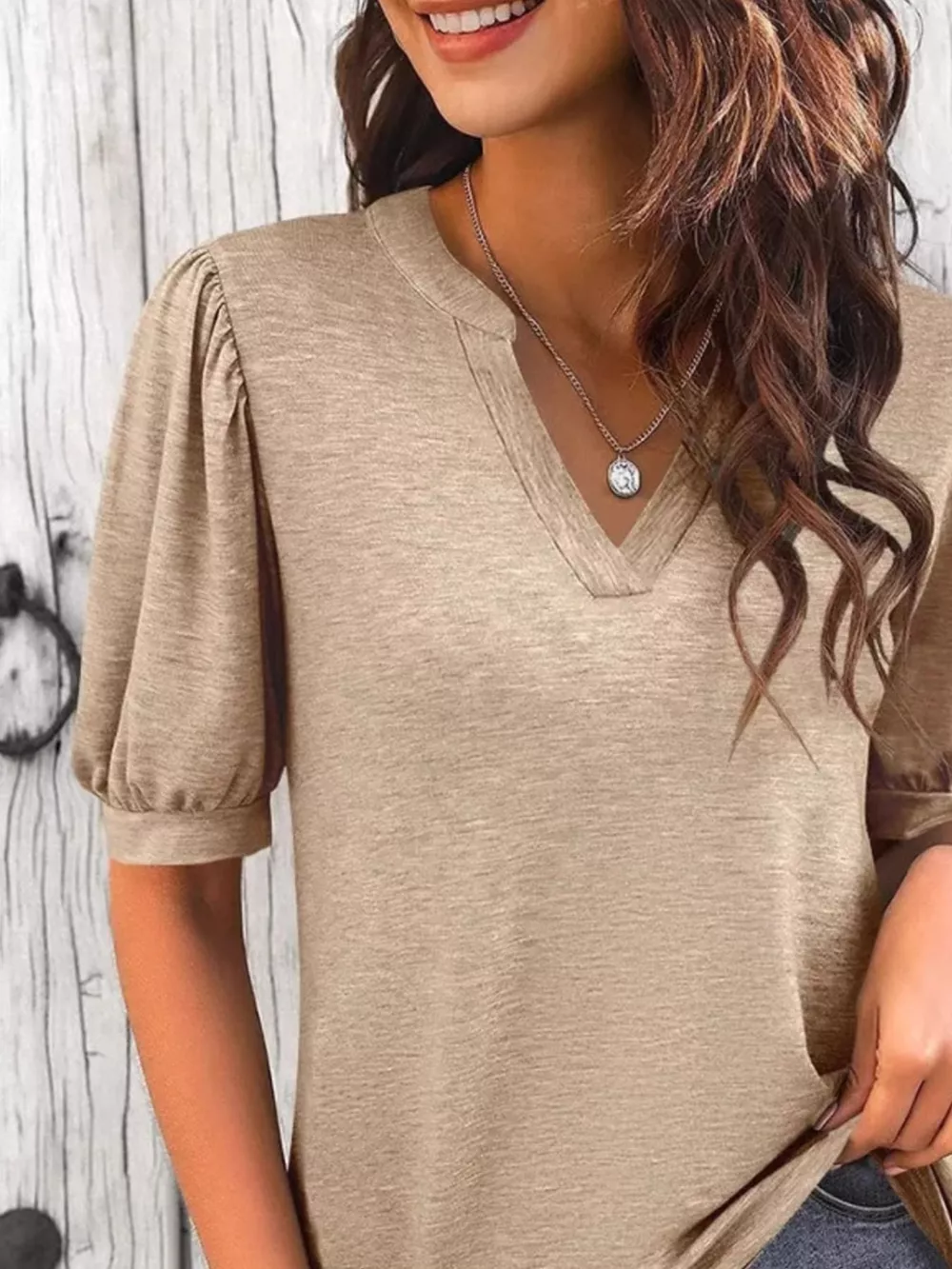 Puff Sleeve Notched Casual T-Shirt, image 4