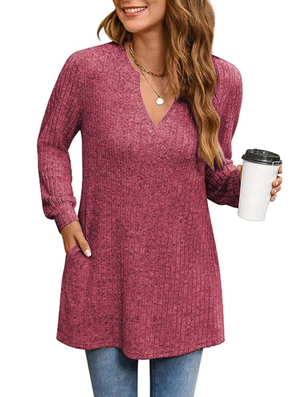 Ribbed Notched Long Sleeve T-Shirt, image 9