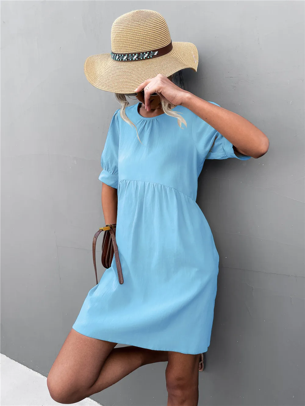 Round Neck Puff Sleeve Mini Dress, image 3