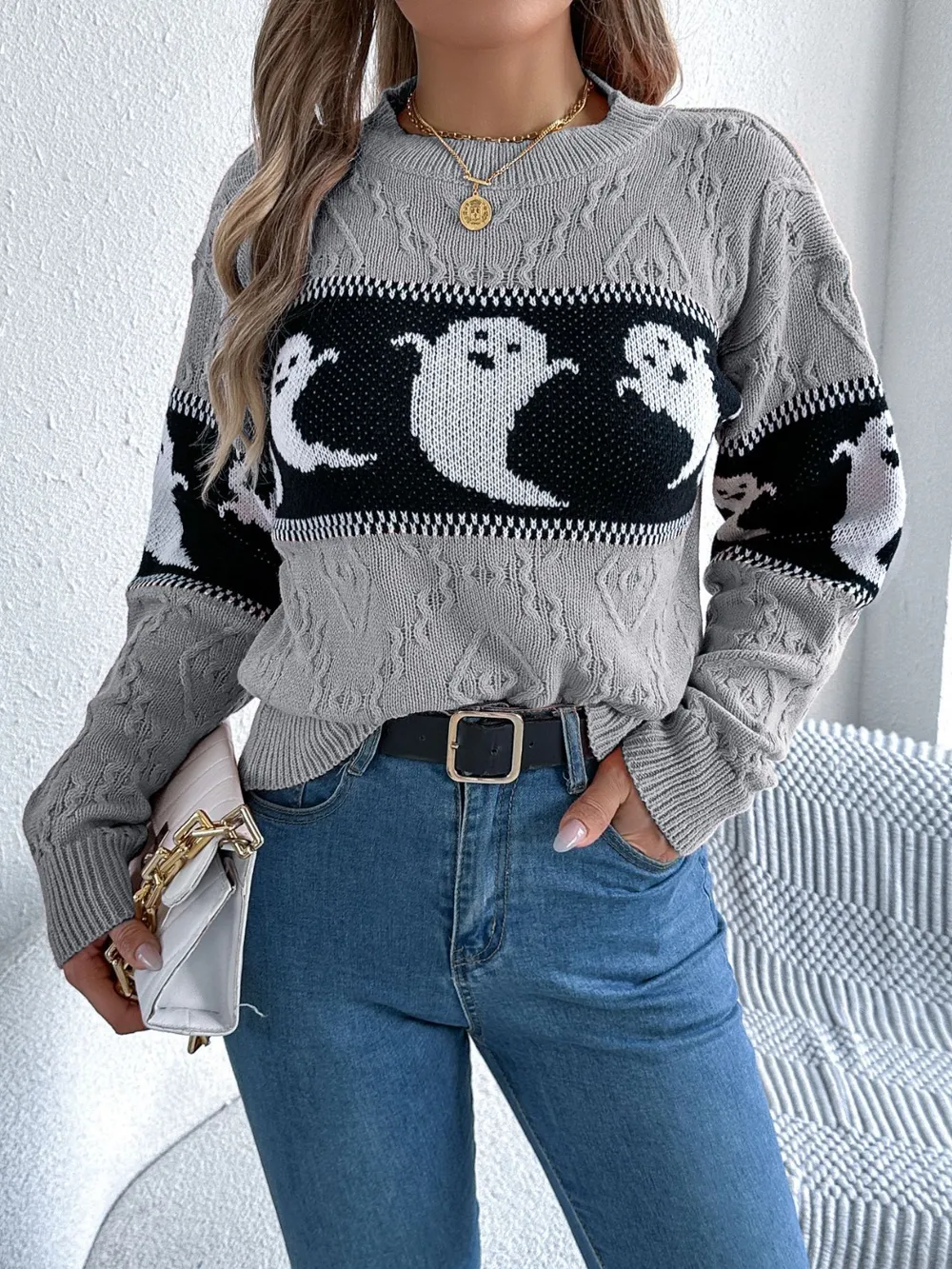 Ghost Round Neck Long Sleeve Sweater, image 8