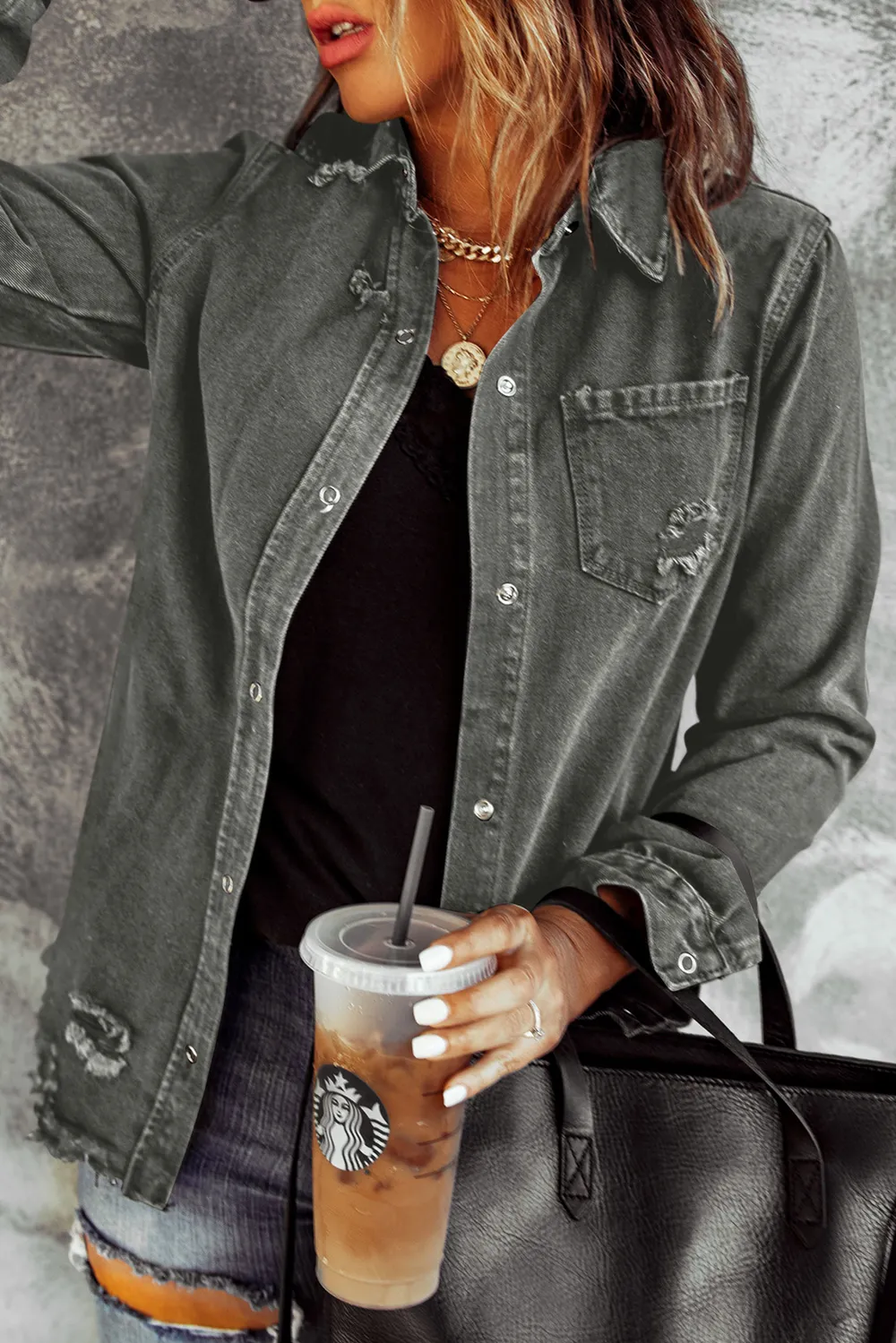 Distressed Raw Hem Snap Down Denim Jacket, image 10