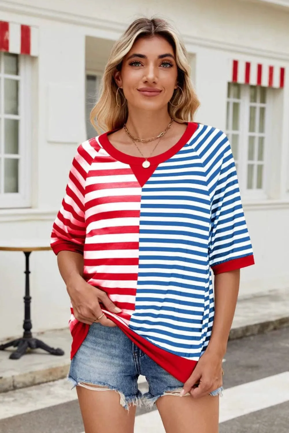 Striped Round Neck Half Sleeve T-Shirt, image 2