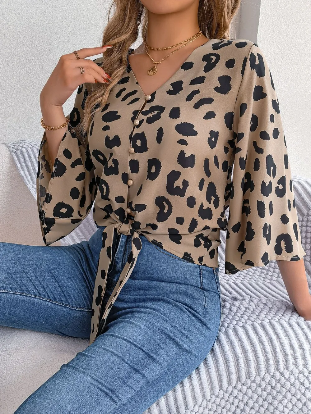 Tied Button Up Leopard V-Neck Blouse, image 12