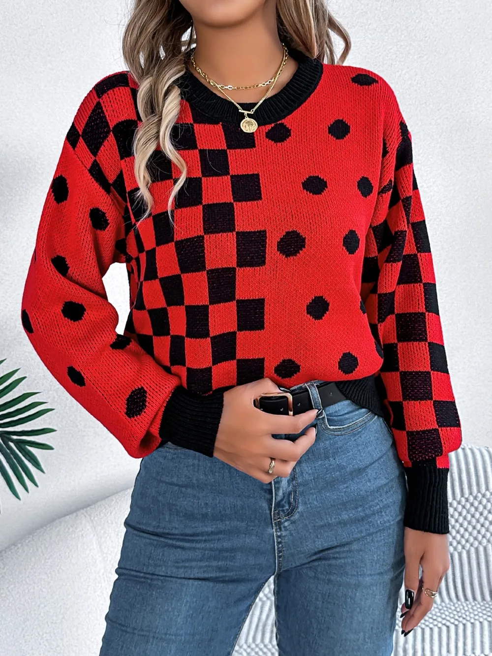 Plaid Round Neck Long Sleeve Sweater, image 10