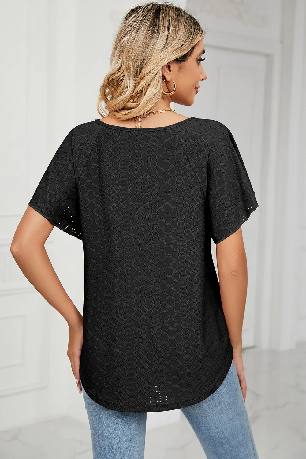 Eyelet Tie Neck Flutter Sleeve Blouse, image 14