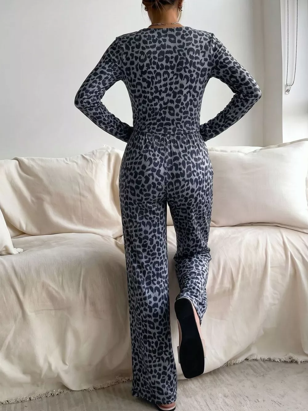 Leopard Print Long Sleeve Top and Pants Lounge Set, image 2