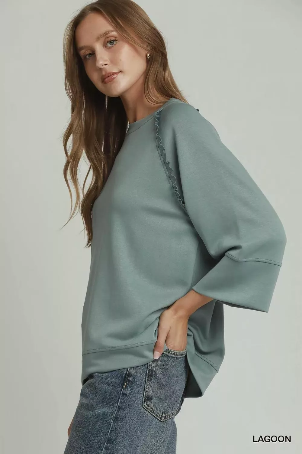 Ruffle Trim 3/4 Raglan Sleeve Top, image 2