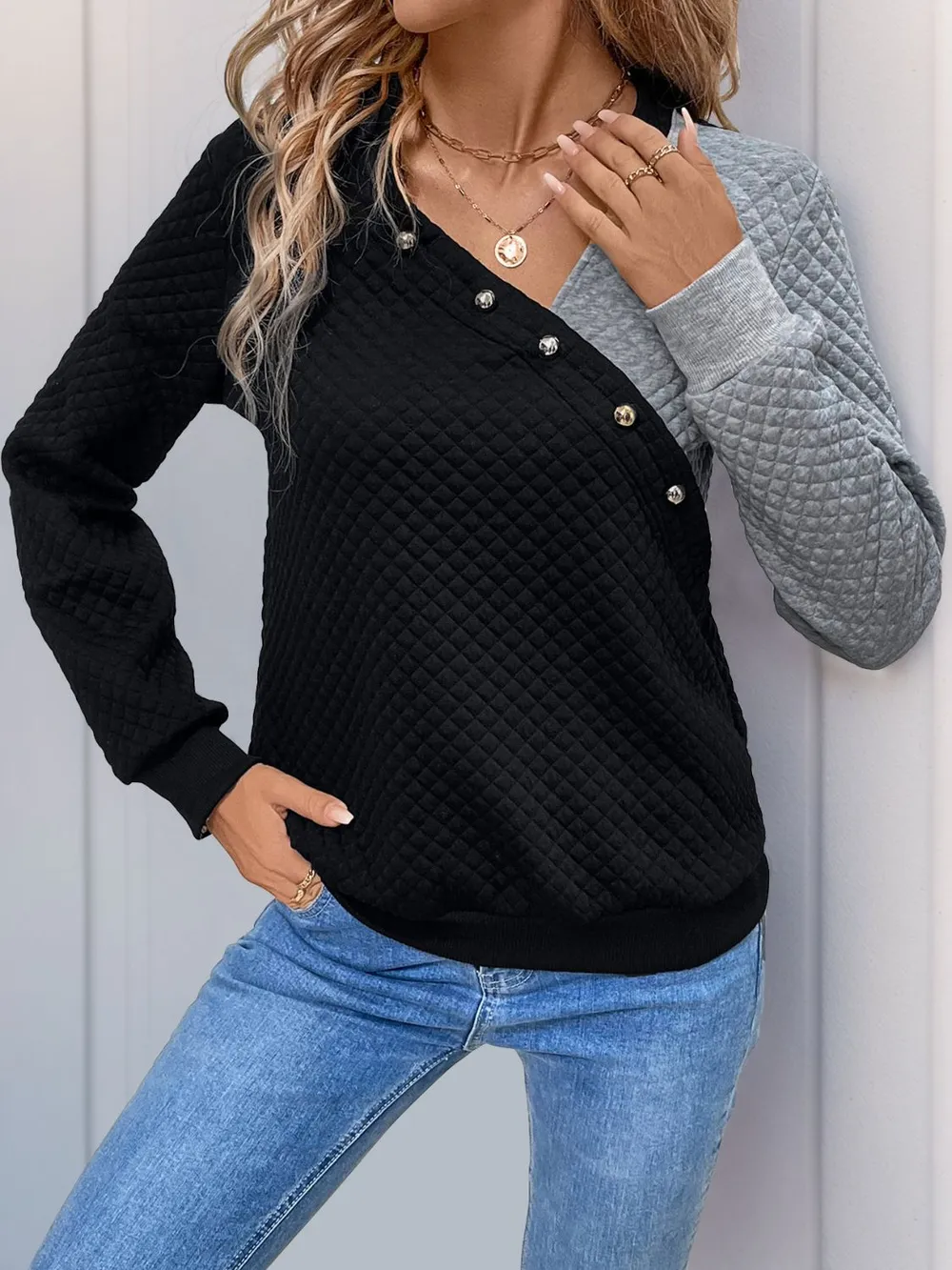 Decorative Button Contrast Long Sleeve Sweatshirt, image 5
