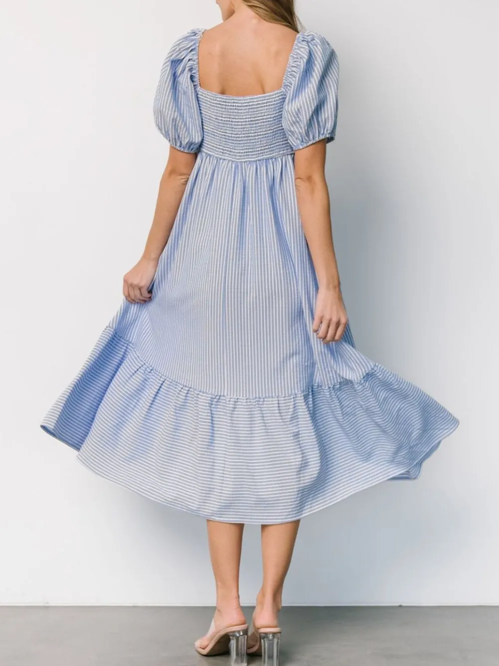 Striped Sweetheart Neck Puff Sleeve Midi Dress, image 6