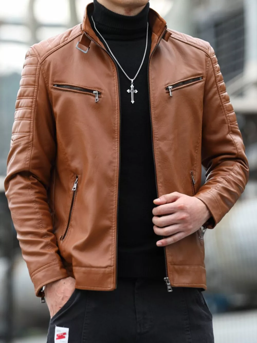 Men's Plus Size Slim Fit Faux Leather Motorcycle Jacket, image 3