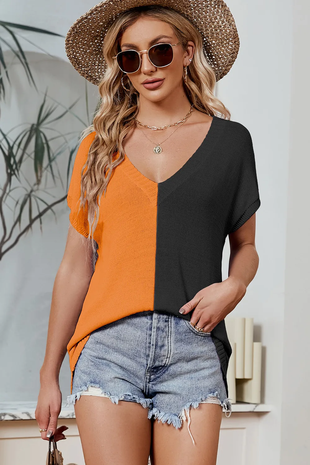 Color Block V-Neck Short Sleeve Knit Top, image 22